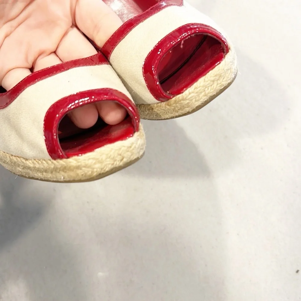 Enzo Angiolini Wedges Espadrille red and tan Patent Leather heels size 7.5